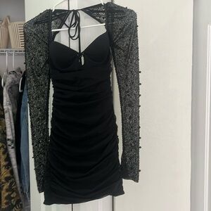 Oh Polly black dress. With mesh beaded sleeves.